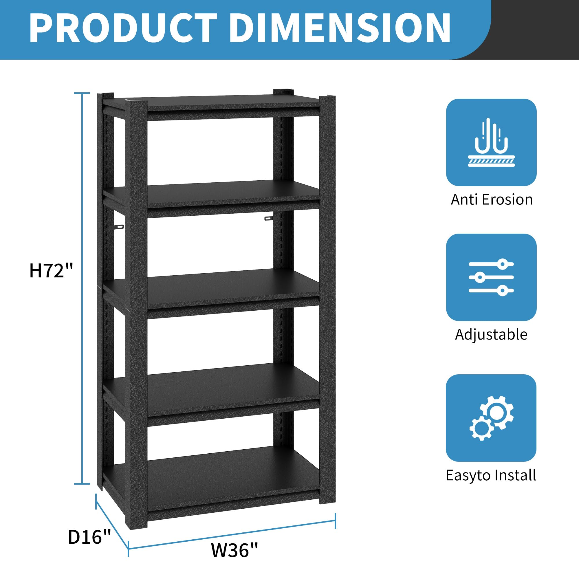 BIZOEIRON 72" H Metal Storage Shelving, 2500LBS Heavy Duty Shelves Unit, Adjustable 5 Tier Storage Rack, Industrial Utility Shelf for Garage, Warehouse, Bedroom, Kitchen,16" D×36“W×72”H, Black