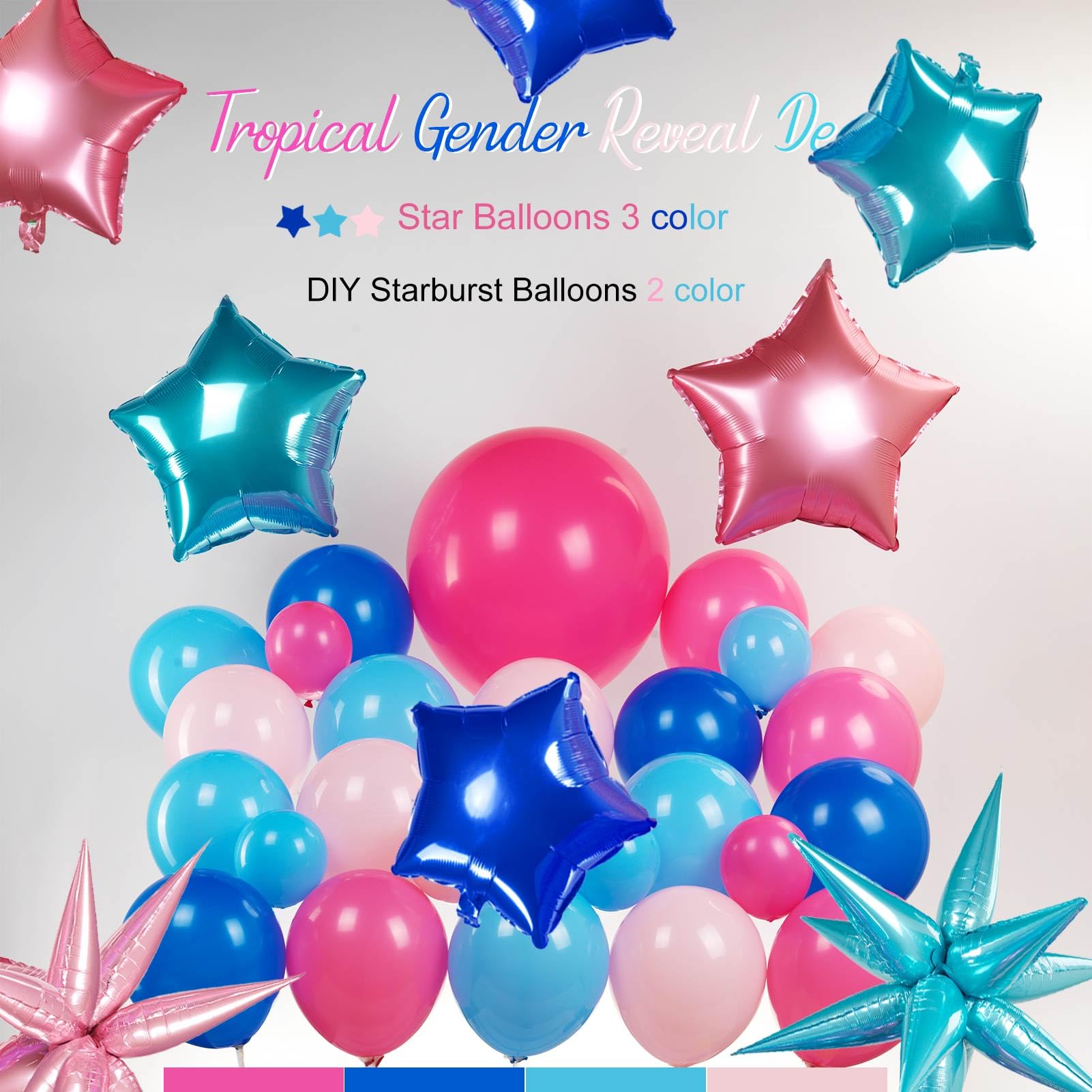 Blue and Pink Balloon Garland Arch Kit 135Pcs with five-pointe Star balloons for summer aloha Baby shower Gender reveal Hawaii cartoon birthday decorations