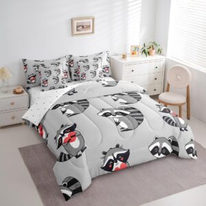 Erosebridal Grey Raccoon Comforter Set 7 Piece Bed in a Bag Twin,Cute Wild Animals Bedding Sets Cartoon Wildlife Sheet Set with Comforter