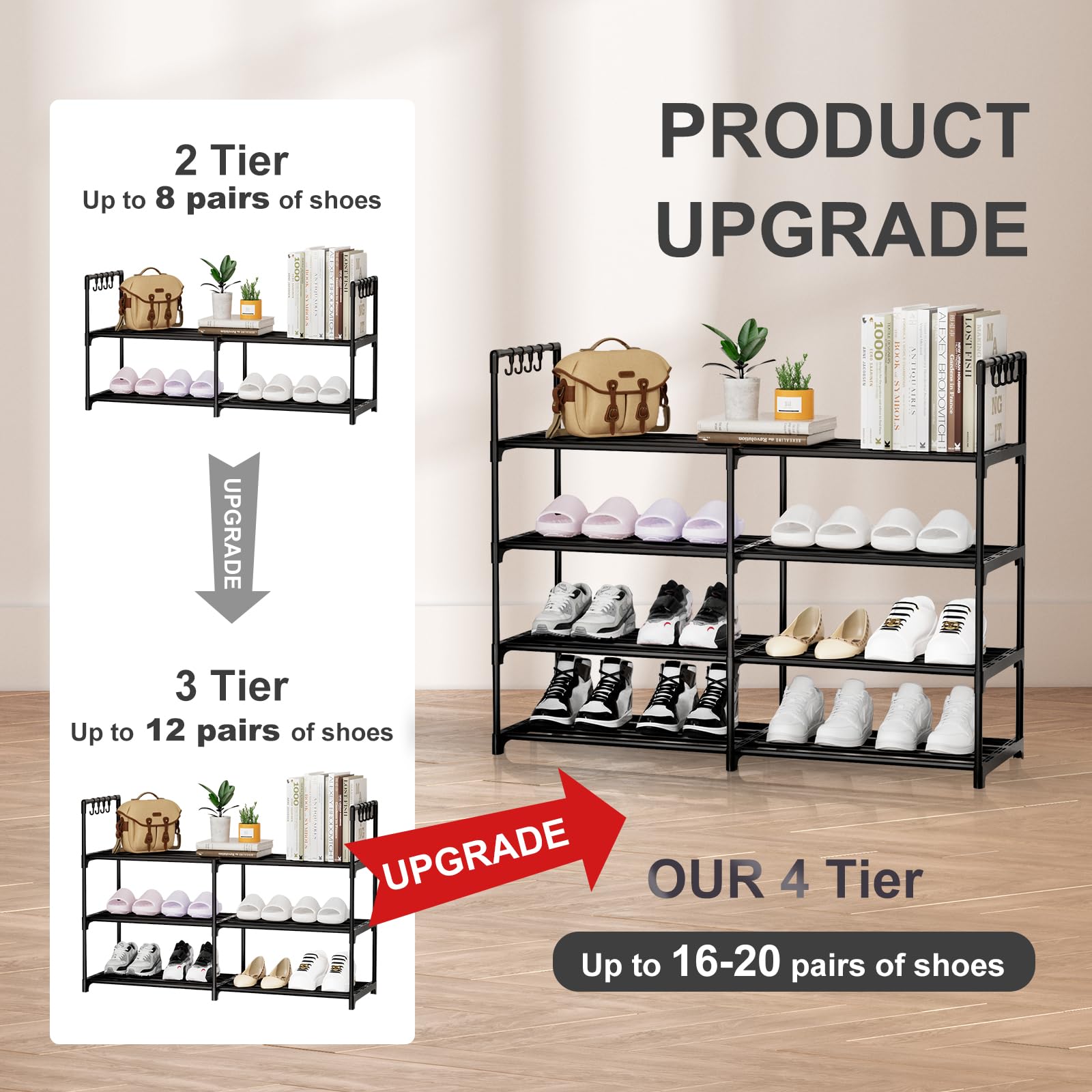 DYJIEKAI 2 Rows 4 Tier Shoe Rack, Black Metal Shoe Racks, Stackable Shoe Shelf with Multifunctional Hooks, Hold 16-20 Pairs, Space Saving Shoe Rack, Shoe Rack for Closet,Shoe Organizer