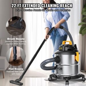 VEVOR Stainless Steel Wet Dry Shop Vacuum, 5.5 Gallon 6 Peak HP Wet/Dry Vac, Powerful Suction with Blower Function w/Attachment 2-in-1 Crevice Nozzle, Small Vac Perfect for Carpet Debris, Pet Hair