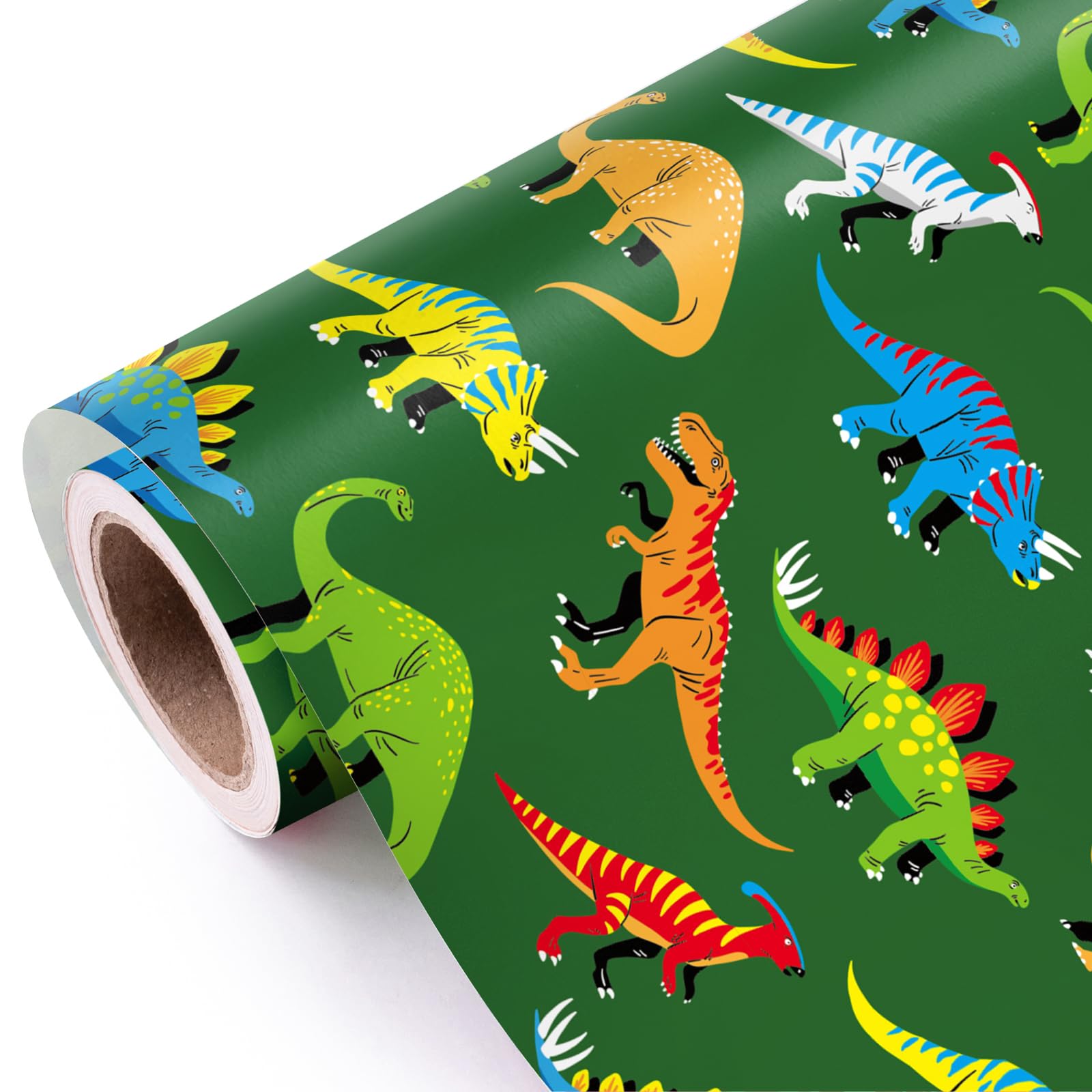 WRAPAHOLIC Dinosaur Wrapping Paper Roll - Mini Roll - 17 Inch x 9.8 Feet - Green Dinosaur Design, Perfect for Girl Kids Boy Birthday, Baby Shower, Party, Holiday