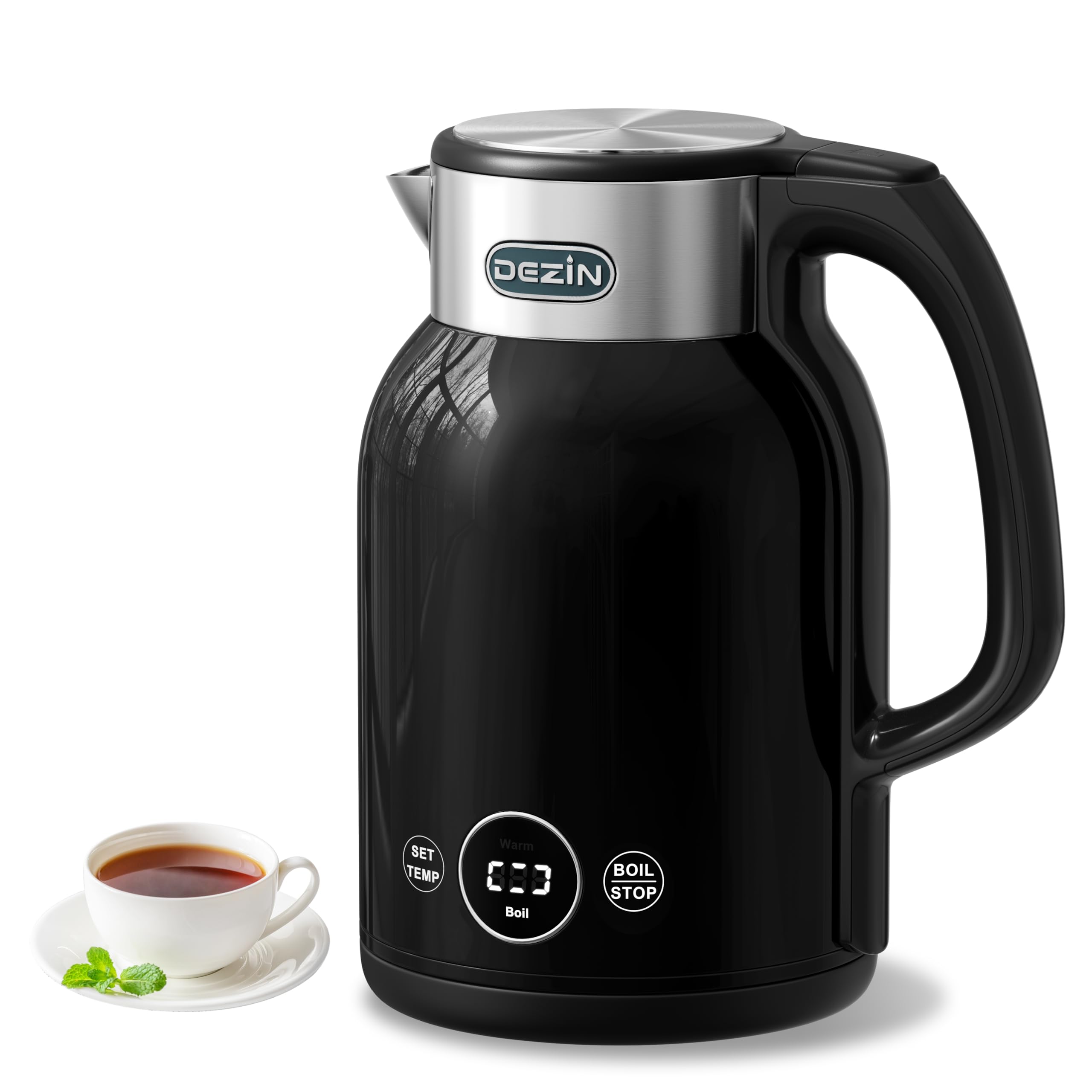 DEZIN Electric Kettle Temperature Control, 1.7L Stainless Steel Electric Tea Kettle with LED Display, 1200W Rapid Boil, 12H Keep Warm, 9 Presets Modes Hot Water Boiler Heater for Tea, Coffee, Black