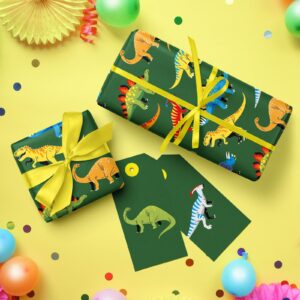 WRAPAHOLIC Dinosaur Wrapping Paper Roll - Mini Roll - 17 Inch x 9.8 Feet - Green Dinosaur Design, Perfect for Girl Kids Boy Birthday, Baby Shower, Party, Holiday