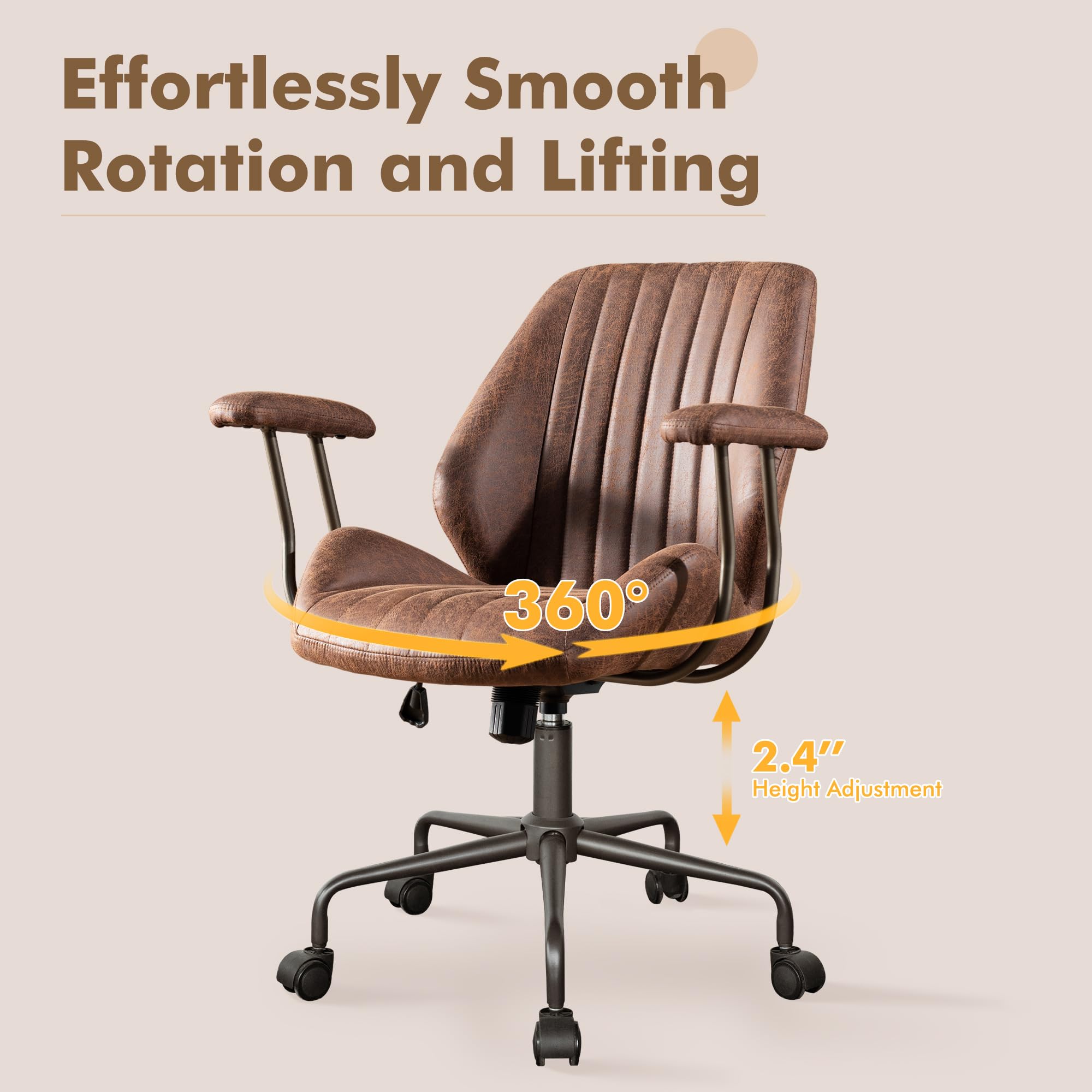 Mid Back Office Chair Mid Century Modern Executive Chair,Lumbar Support Ergonomic Home Office Desk Chair,Rolling Swivel Task Chair Task Chair Armrests Height Adjustable,350lbs (Dark Brown)