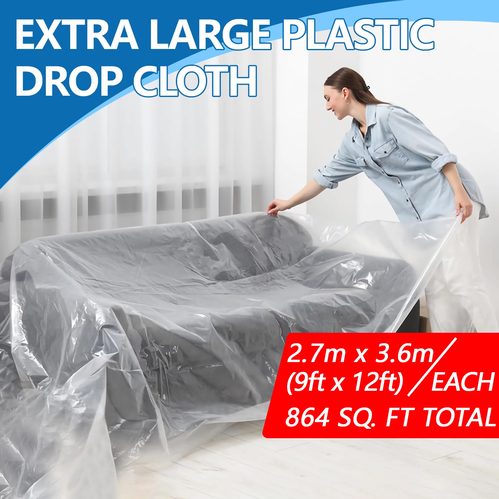 8 Pieces Plastic Drop Cloth for Painting, 9 x 12 Feet Painters Plastic, Waterproof Clear Plastic Tarp, Dustproof Plastic Sheeting for Furniture Cover