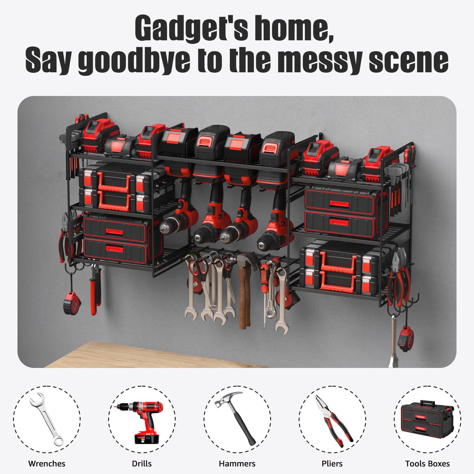 CCCEI Black Power Tools Organizer Wall Mount, Large Garage Organization and Storage, Shop 8 Drills Holder Rack and Tools Battery Utility Shelves, Cool and Unique Gift for Men, Husband.