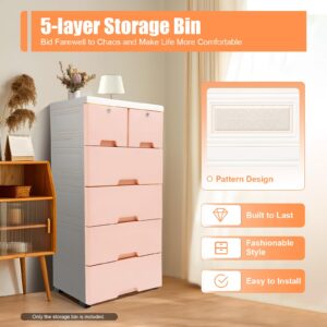 5 Tier Plastic Drawers Dresser Storage Tower with Wheels & Locks & 6 Drawers,Storage Organizer Rack Movable Storage Cabinet Closet for Bedroom,Living Room,Study(Pink)