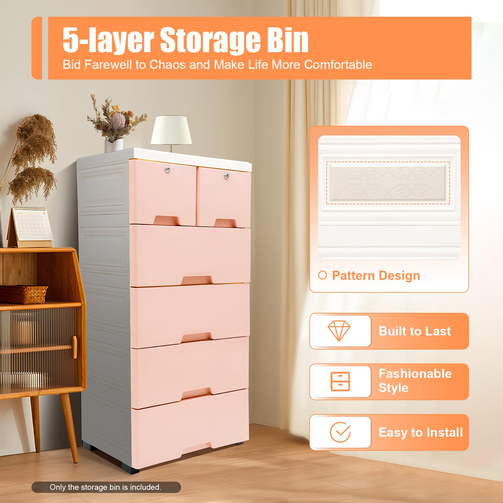 5 Tier Plastic Drawers Dresser Storage Tower with Wheels & Locks & 6 Drawers,Storage Organizer Rack Movable Storage Cabinet Closet for Bedroom,Living Room,Study(Pink)