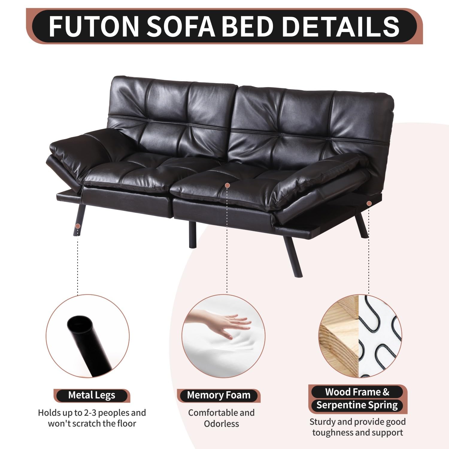 MUUEGM Futon Sofa Bed Convertible Memory Foam Sleeper Couch,Modern Faux Leather Loveseat for Living Room,Small Compact Space,Dorm,Office,Adjustable Armrests Backrest Sofabed, Black