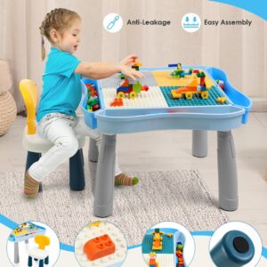 Kids Activity Table and Chair Set with 320Pcs Building Blocks, All in One Sand/Water/Sensory Desk with Storage, STEM Toys Toddler Learning Playset Table for Boys Girls Gifts 3 4 5-10 Years Old