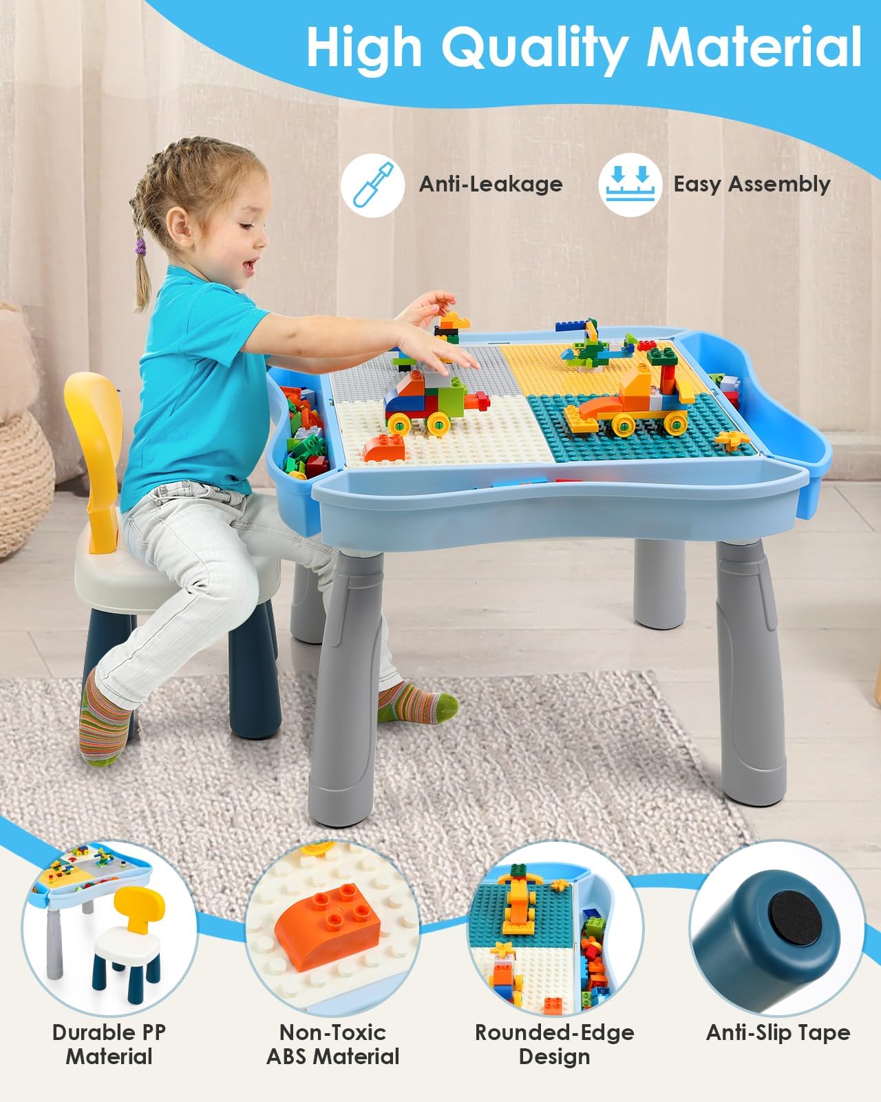 Kids Activity Table and Chair Set with 320Pcs Building Blocks, All in One Sand/Water/Sensory Desk with Storage, STEM Toys Toddler Learning Playset Table for Boys Girls Gifts 3 4 5-10 Years Old