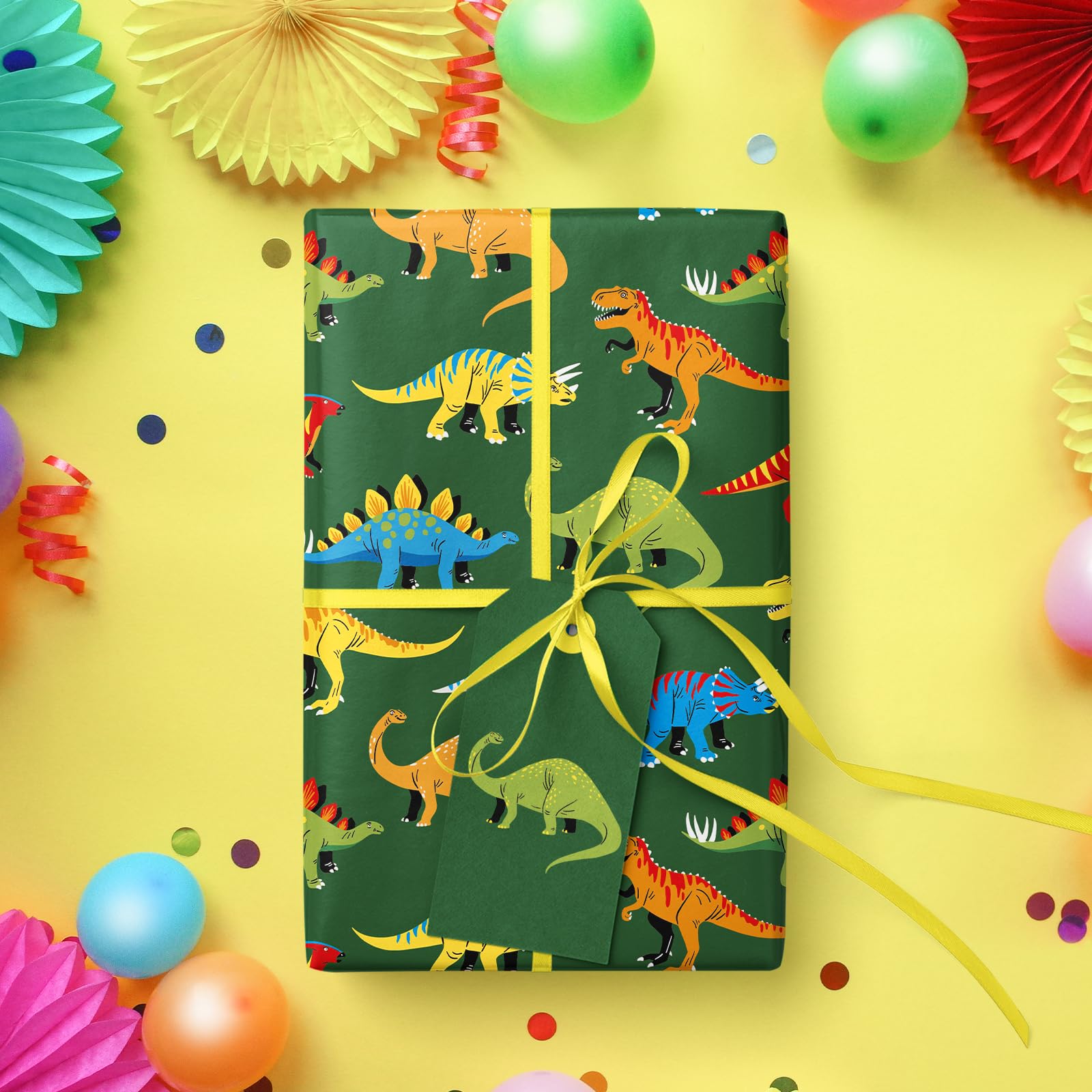 WRAPAHOLIC Dinosaur Wrapping Paper Roll - Mini Roll - 17 Inch x 9.8 Feet - Green Dinosaur Design, Perfect for Girl Kids Boy Birthday, Baby Shower, Party, Holiday