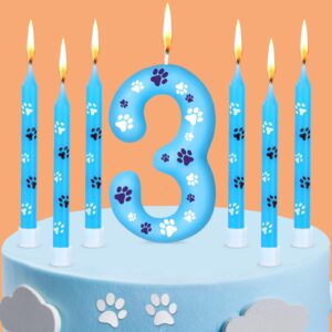 photect 7 pcs number 3 blue dog paw birthday candles blue dog paw print themed birthday candles numeral birthday cake topper for boy girl dog paw birthday decoration blue dog party supplies