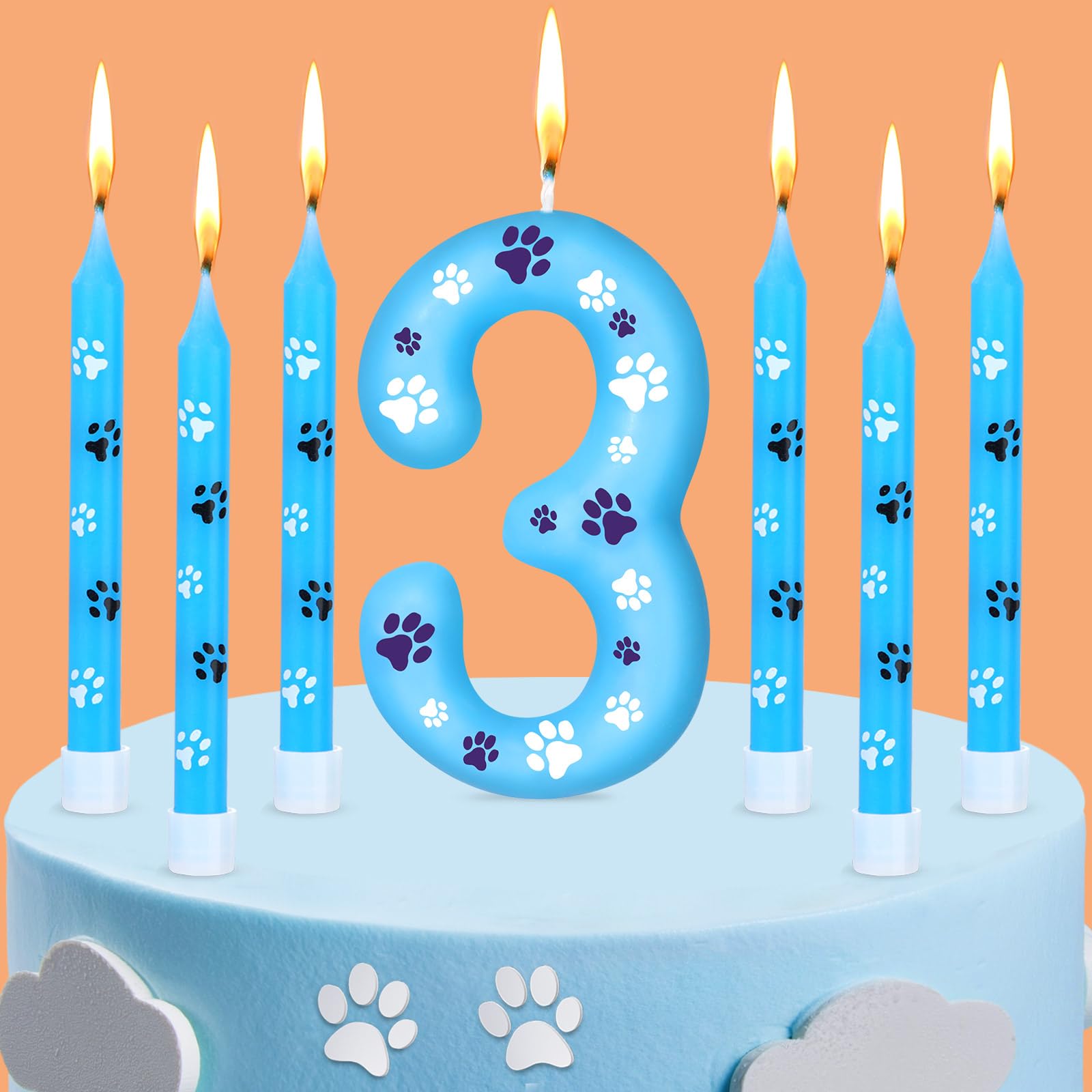 Photect 7 Pcs Number 3 Blue Dog Paw Birthday Candles Blue Dog Paw Print Themed Birthday Candles Numeral Birthday Cake Topper for Boy Girl Dog Paw Birthday Decoration Blue Dog Party Supplies