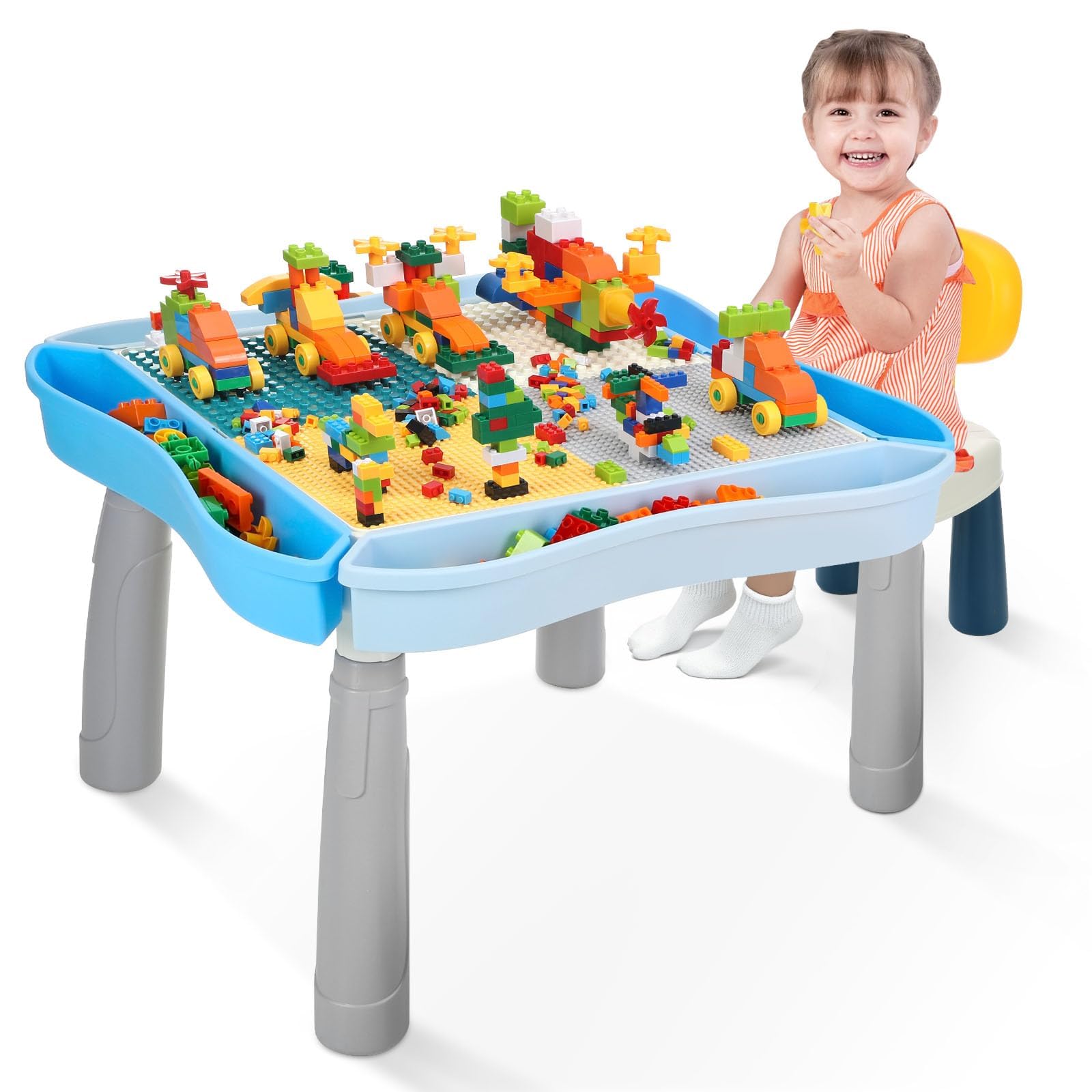 Kids Activity Table and Chair Set with 320Pcs Building Blocks, All in One Sand/Water/Sensory Desk with Storage, STEM Toys Toddler Learning Playset Table for Boys Girls Gifts 3 4 5-10 Years Old