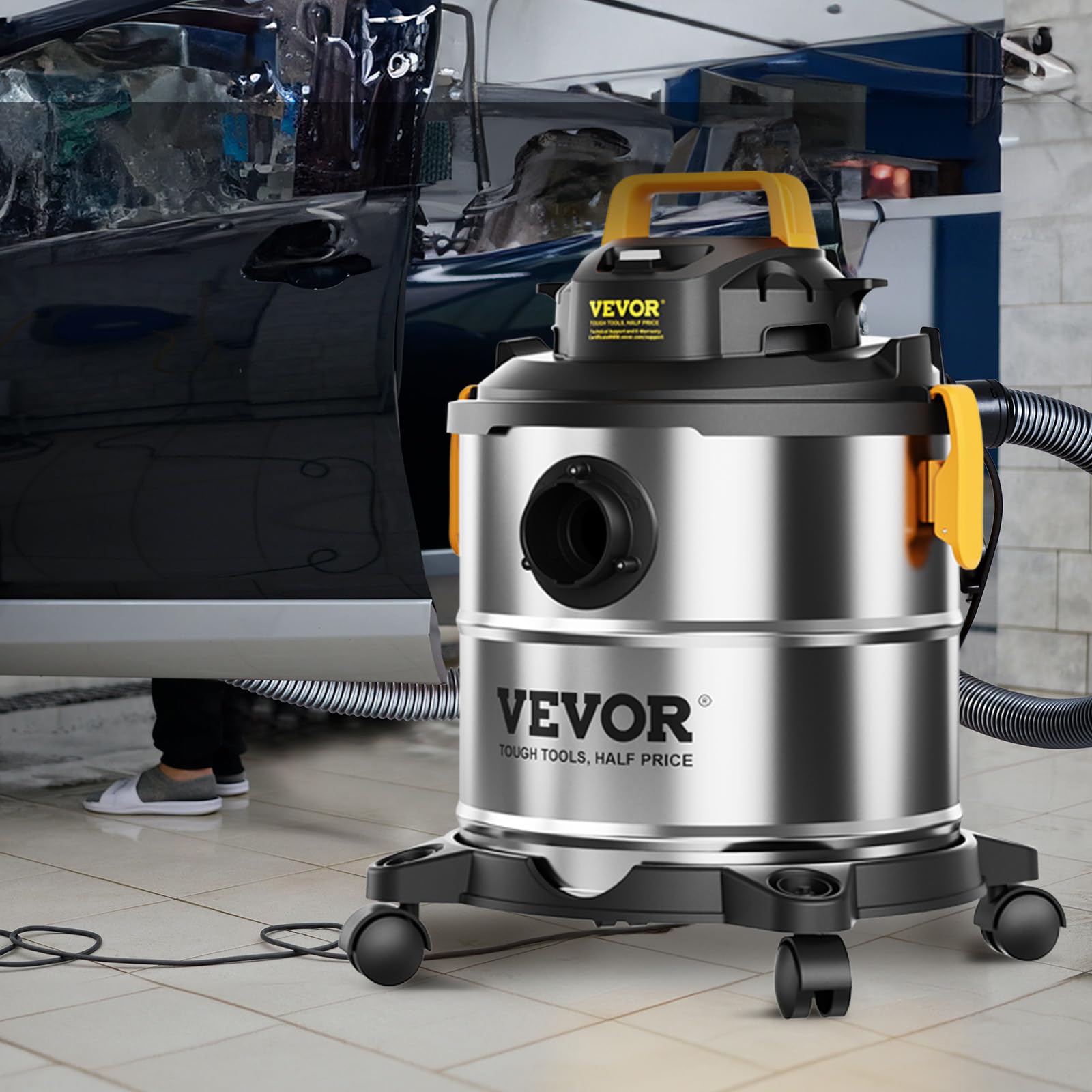 VEVOR Stainless Steel Wet Dry Shop Vacuum, 5.5 Gallon 6 Peak HP Wet/Dry Vac, Powerful Suction with Blower Function w/Attachment 2-in-1 Crevice Nozzle, Small Vac Perfect for Carpet Debris, Pet Hair