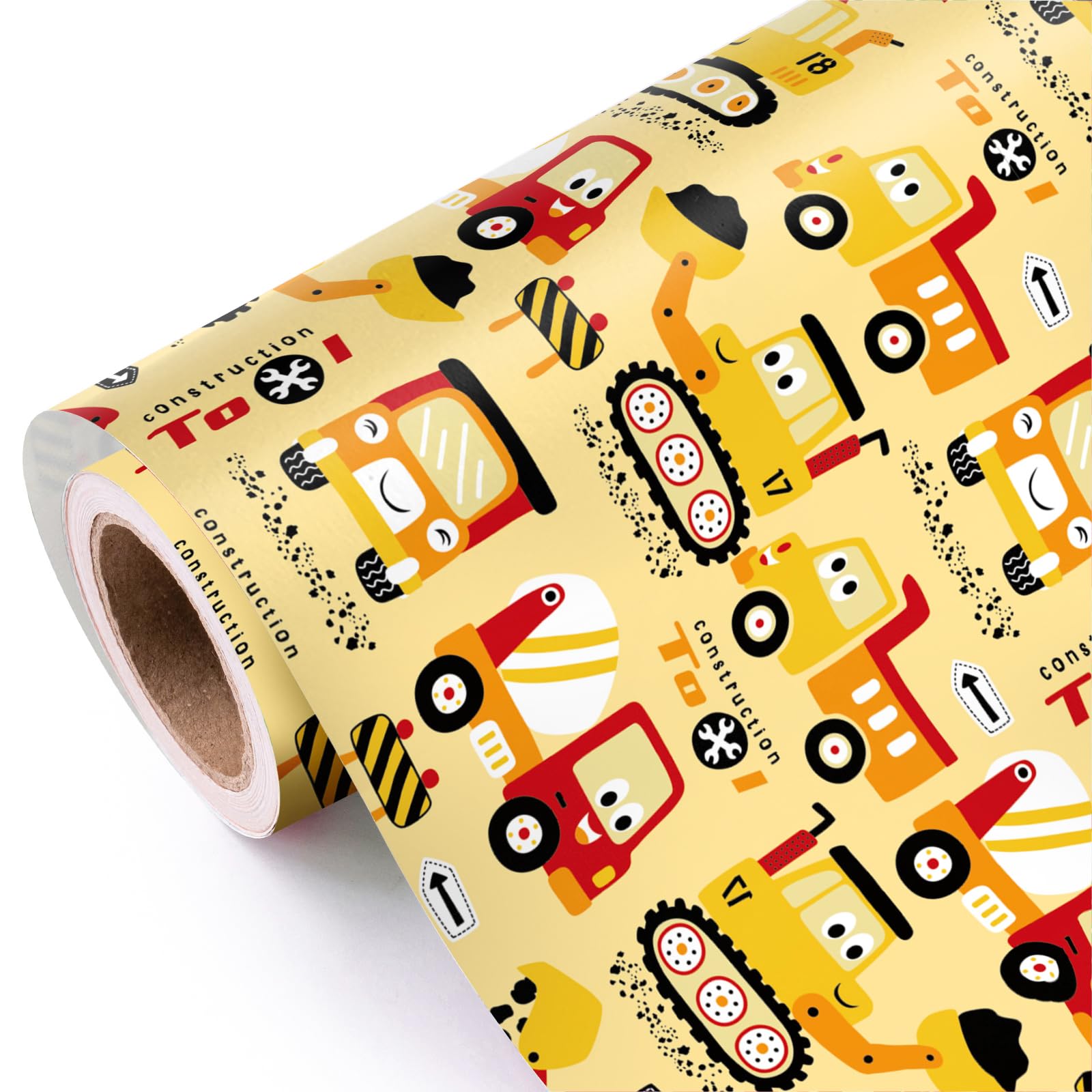 WRAPAHOLIC Construction Wrapping Paper Roll - Mini Roll - 17 Inch x 9.8 Feet - Yellow Digger Tractor Truck Design for Kids Boys Birthday, Baby Shower