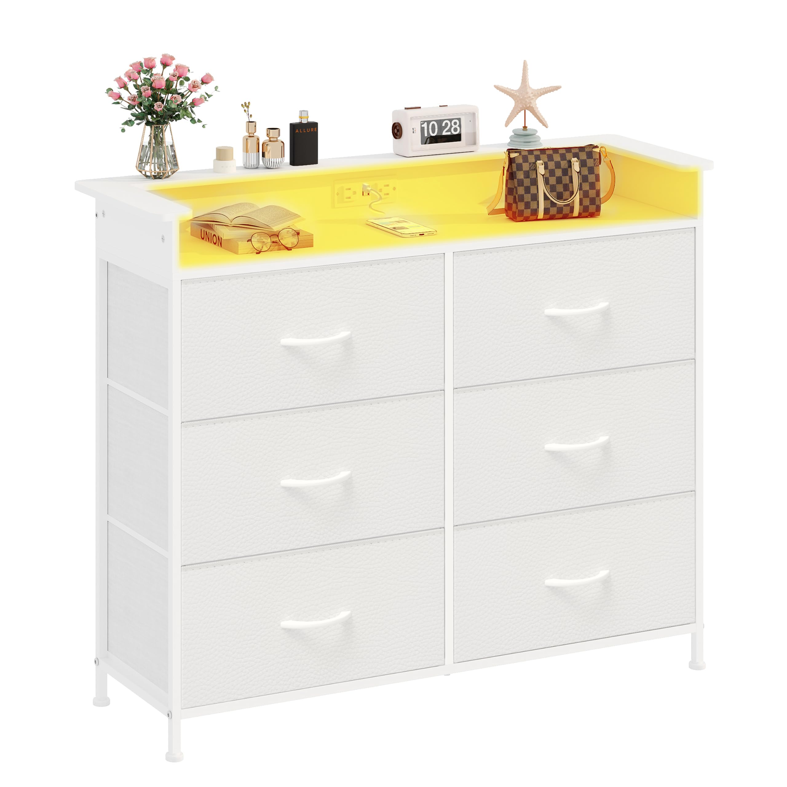 Welfuturer White Dresser for Bedroom with Charing Station and LED Light 6 Drawer Dresser with PU Finish Fabric Chest of Drawers for Closet Living Room Hallway Sturdy Steel Frame Double Wooden Tabletop