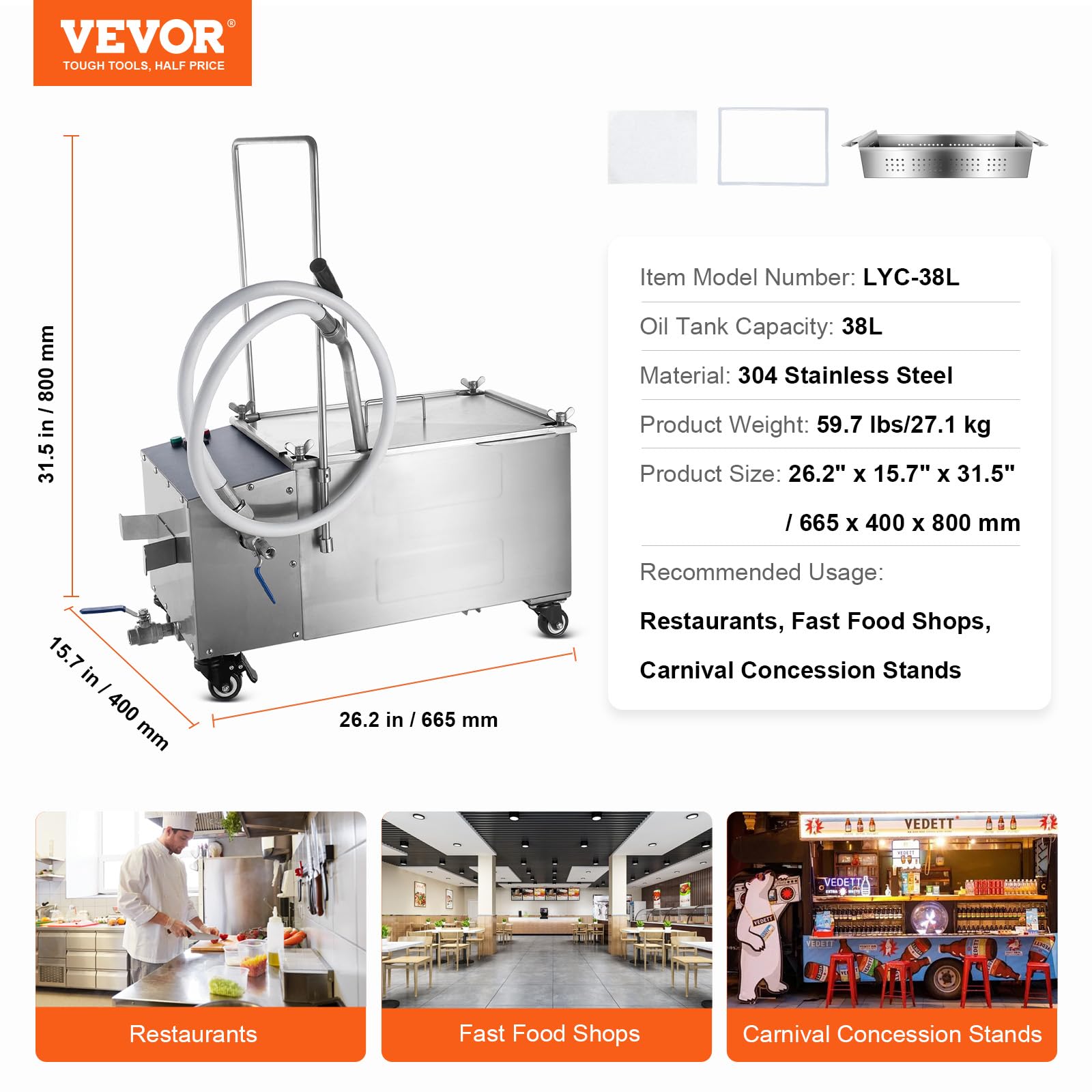 VEVOR Deep Fryer Filter 38 L/80 LBS/10 Gal, Frying Oil Filter System Machine 300W, Deep Fryer Oil Filter 10 L/min, Cooking Oil Filter Pump & Oil Hose, Mobile Fryer Filter 110V Kitchen Restaurant