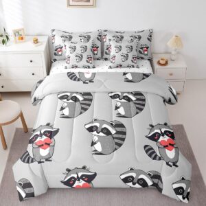 Erosebridal Grey Raccoon Comforter Set 7 Piece Bed in a Bag Twin,Cute Wild Animals Bedding Sets Cartoon Wildlife Sheet Set with Comforter