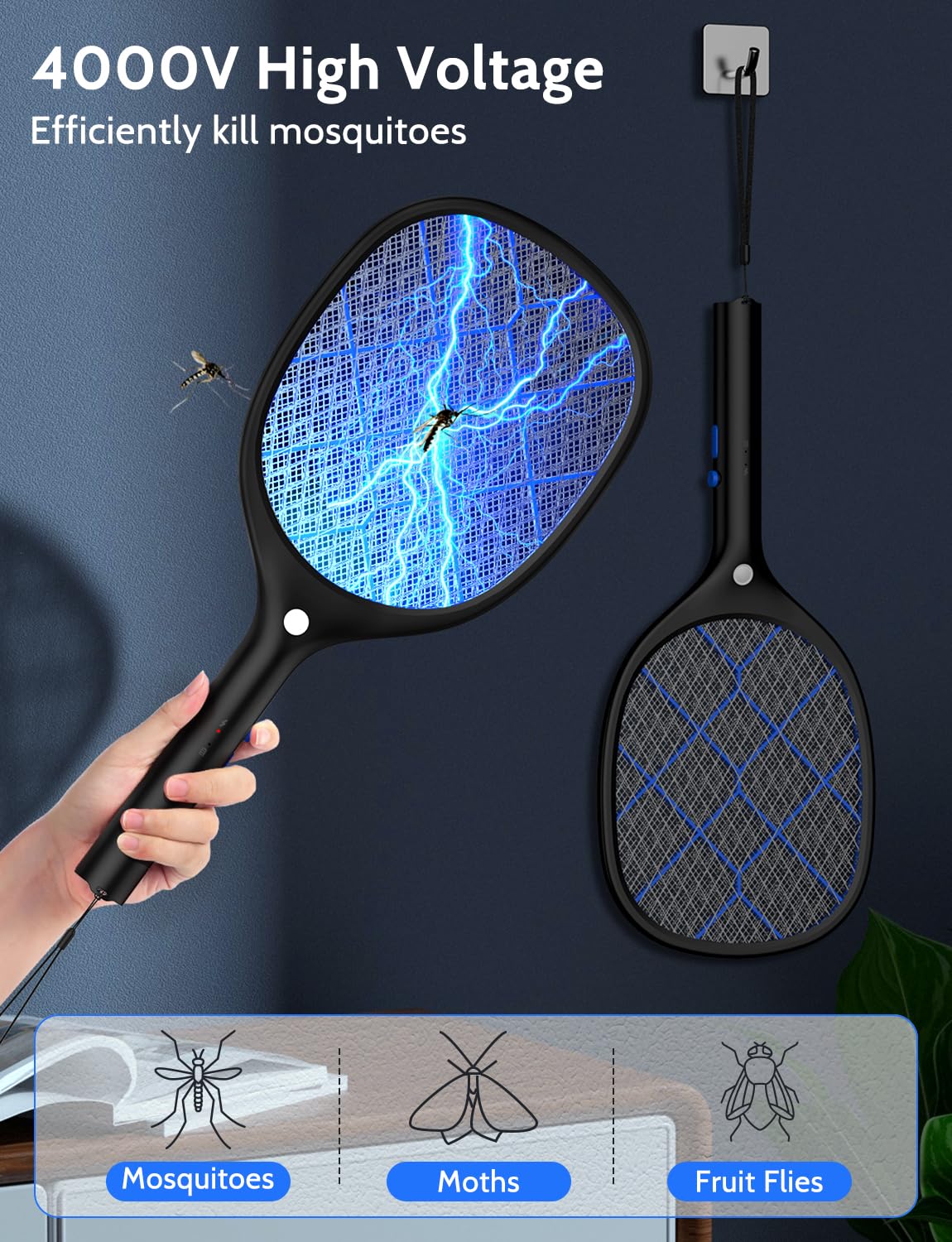 YISSVIC Electric Fly Swatter Bug Zapper Racket Rechargeable Mosquito Killer LED Light for Indoor Home Office Backyard Patio Camping