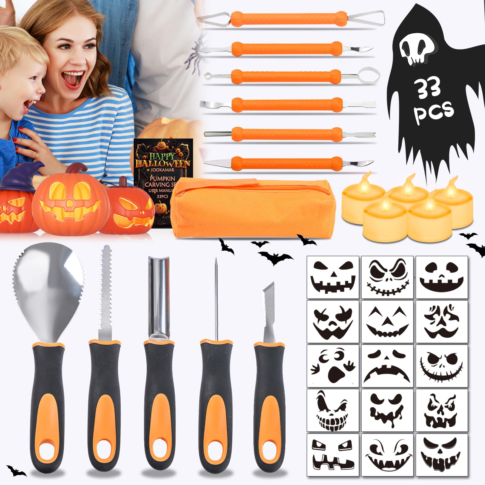 Halloween Pumpkin Carving Kit,33 PCS Pumpkin Carving Tools for Kids&Adults-Professional Stainless Steel Carving Tools & Carving Stencils & Candles-Halloween Gifts Decoration Jack-O-Lantern