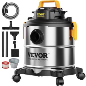 vevor stainless steel wet dry shop vacuum, 5.5 gallon 6 peak hp wet/dry vac, powerful suction with blower function w/attachment 2-in-1 crevice nozzle, small vac perfect for carpet debris, pet hair