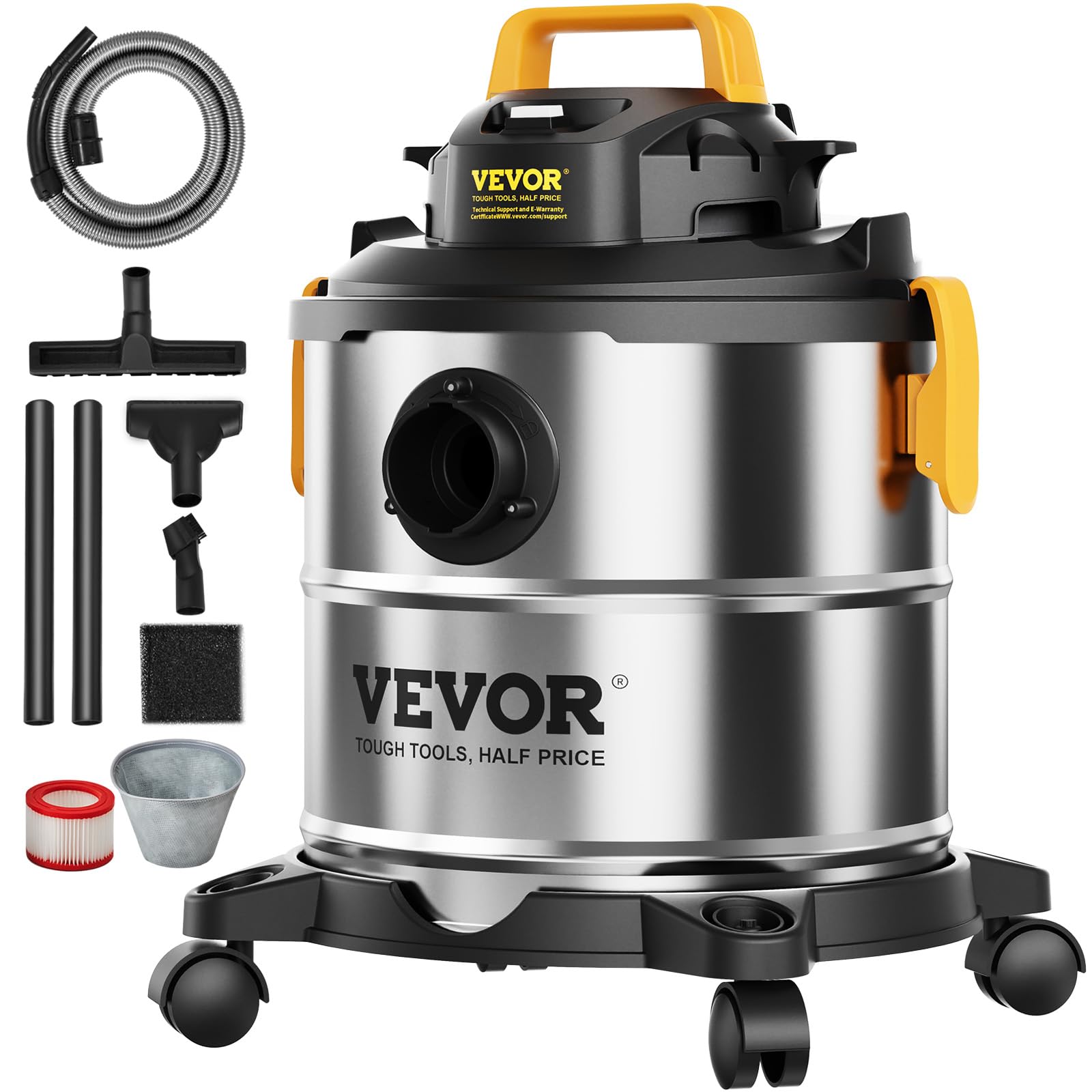 VEVOR Stainless Steel Wet Dry Shop Vacuum, 5.5 Gallon 6 Peak HP Wet/Dry Vac, Powerful Suction with Blower Function w/Attachment 2-in-1 Crevice Nozzle, Small Vac Perfect for Carpet Debris, Pet Hair