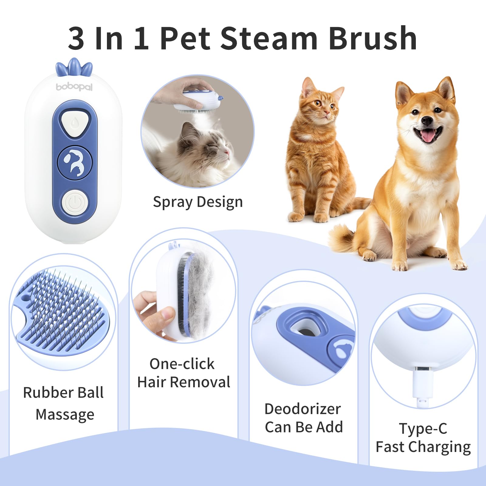 Bobopal Cat Steam Brush, 3 In 1 Cat Brush for Shedding, Self-Cleaning Cat Dog Grooming Brush, Steamy Pet Brush for Long & Short Haired Cats & Dogs Hair Removal Comb with Water Tank Anti-Static, Blue