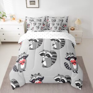 erosebridal grey raccoon comforter set 7 piece bed in a bag twin,cute wild animals bedding sets cartoon wildlife sheet set with comforter