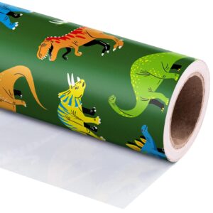 WRAPAHOLIC Dinosaur Wrapping Paper Roll - Mini Roll - 17 Inch x 9.8 Feet - Green Dinosaur Design, Perfect for Girl Kids Boy Birthday, Baby Shower, Party, Holiday