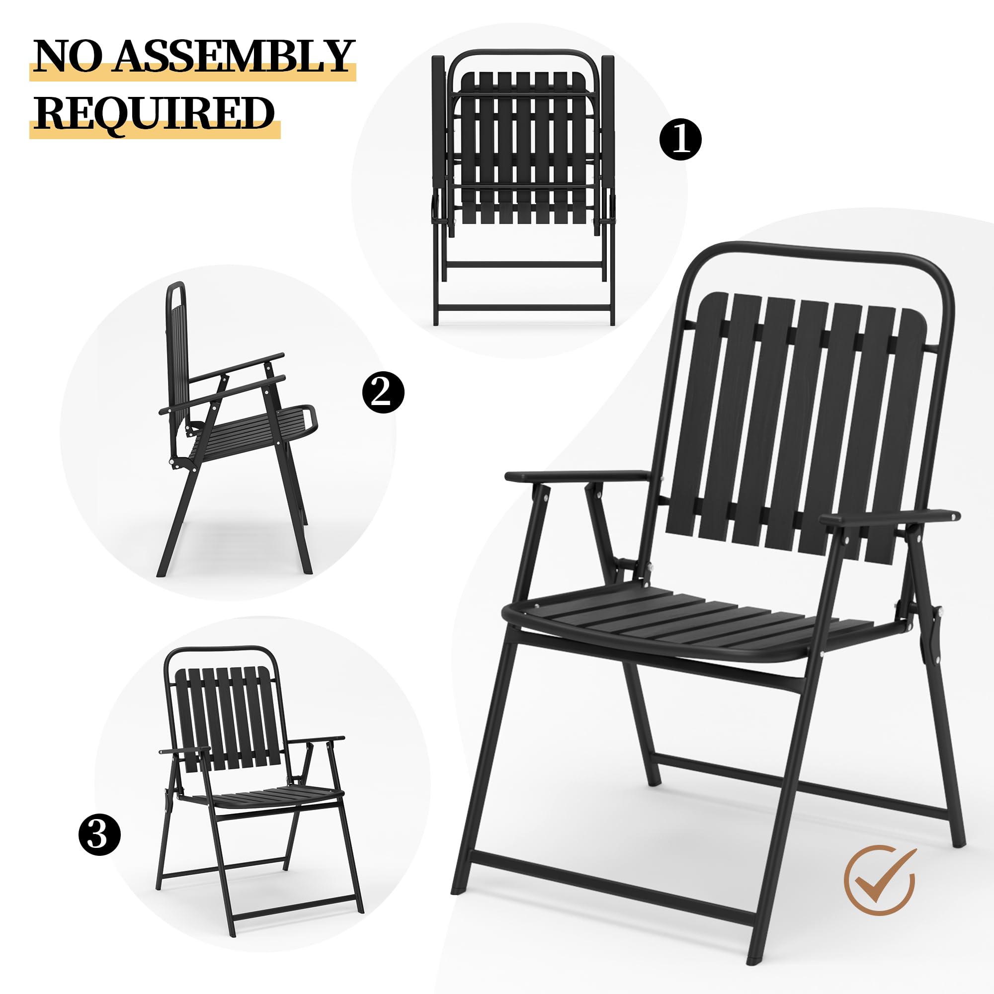 PIZZELLO Patio Folding Chairs Set of 4, Outdoor Foldable Dining Chairs with Armrests and High Back, All-Weather Portable Lawn Chair Sets for Garden Porch Poolside Deck, No Assembly Required, Black