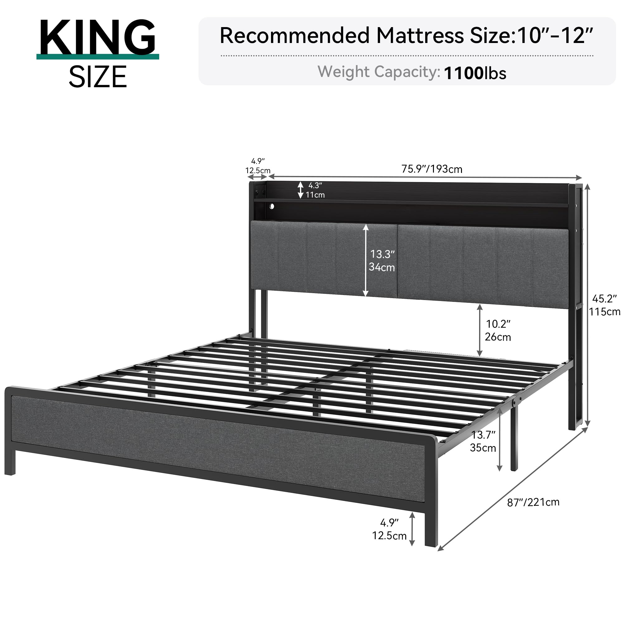 YITAHOME King Size Bed Frame, LED Bed Frame with Storage Headboard, Platform Upholstered Bed with Charging Station, Heavy-Duty Metal Slats, No Box Spring Needed, Fast Assembly - Gray