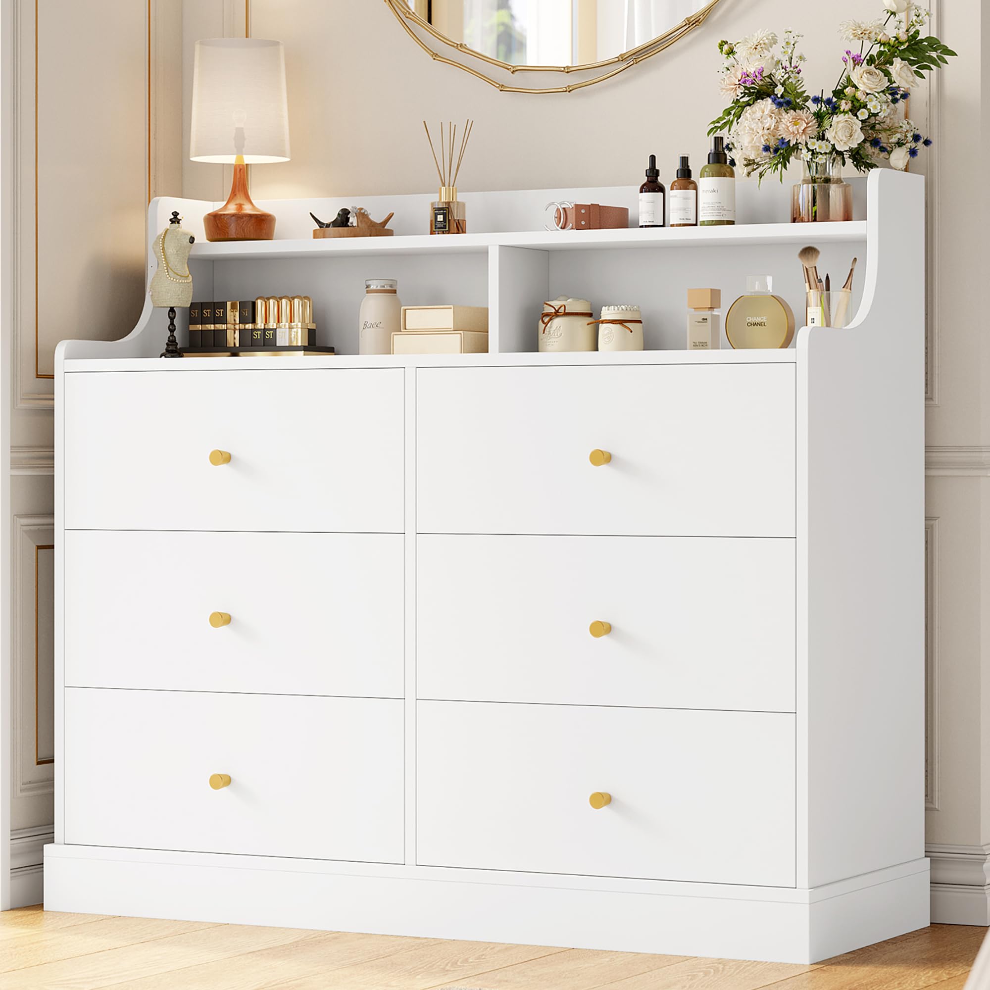 finetones 6 Drawer Dresser, White Dresser Double Dresser with Shelves, White and Gold Dresser, Wide Chest of Drawers, Dressers & Chests of Drawers, Large Wooden Storage White Dresser for Living Room