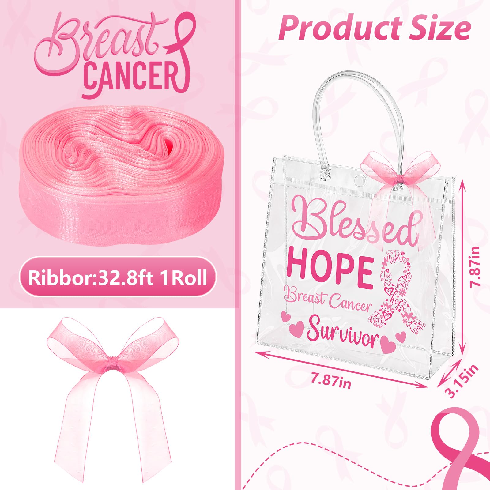 DTOFOOT 18Pcs Breast Cancer Clear Gift Bags with Handles Pink Ribbon Bow Breast Cancer Awareness Bulk Item PVC Pink Ribbon Bags Reusable for Breast Cancer Bags Women Nurse Breast Cancer Survivor Party