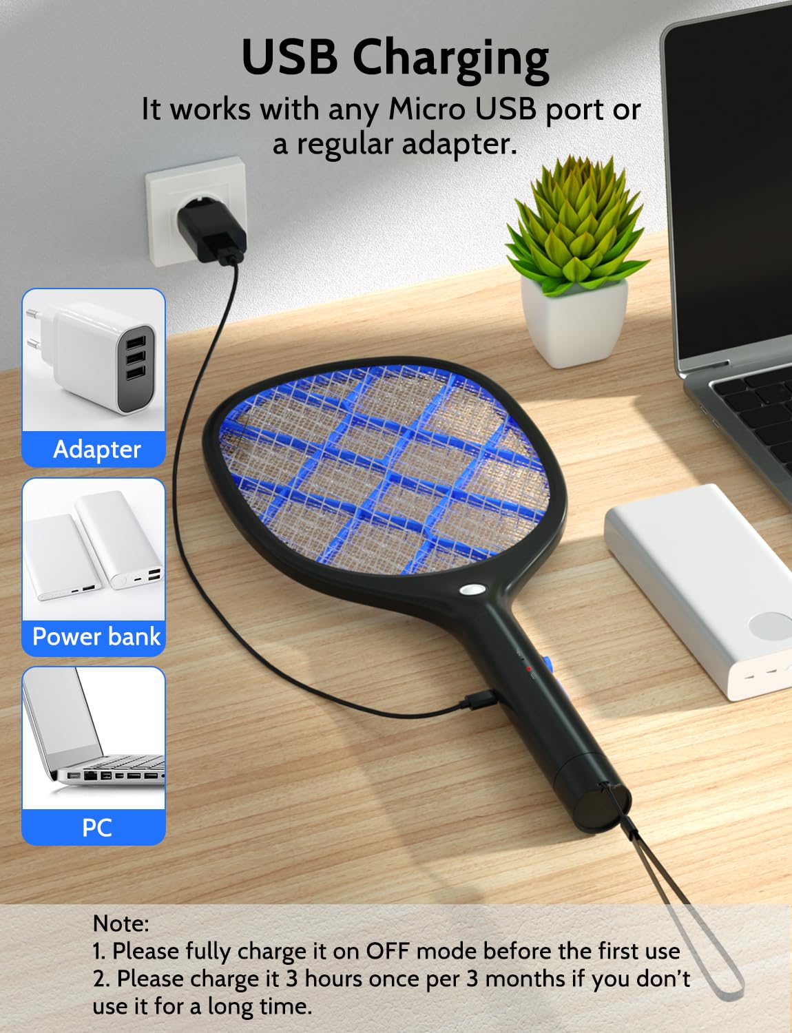 YISSVIC Electric Fly Swatter Bug Zapper Racket Rechargeable Mosquito Killer LED Light for Indoor Home Office Backyard Patio Camping