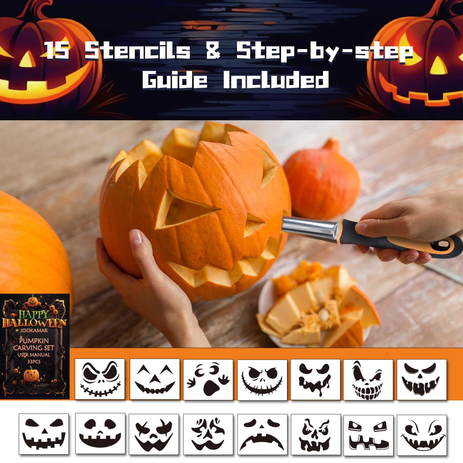 Halloween Pumpkin Carving Kit,33 PCS Pumpkin Carving Tools for Kids&Adults-Professional Stainless Steel Carving Tools & Carving Stencils & Candles-Halloween Gifts Decoration Jack-O-Lantern