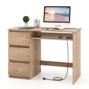 tangkula computer desk with 3 storage drawers & built-in charging station, home office desk with keyboard tray, pc desk study writing desk, vanity table for bedroom, computer workstation (natural)