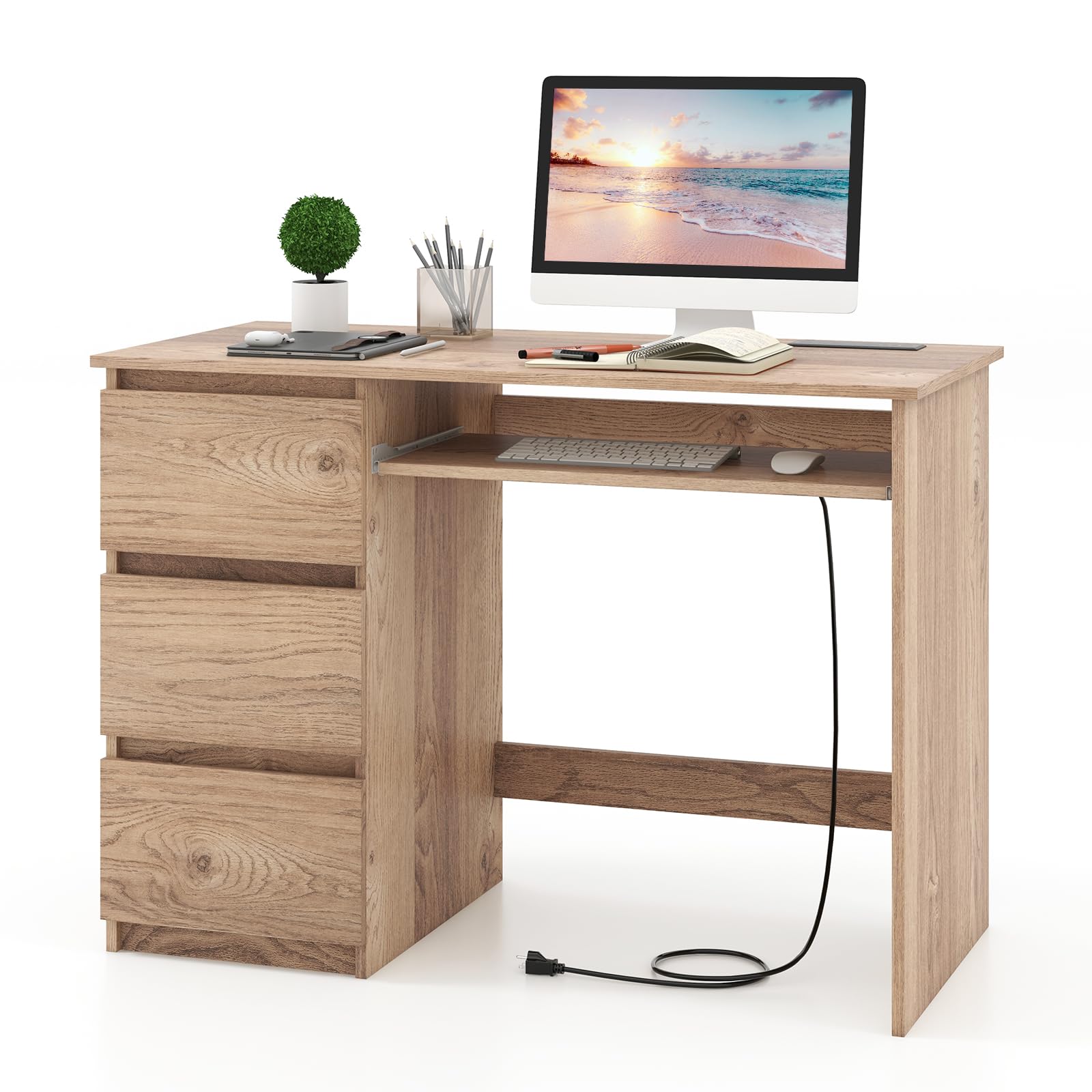 Tangkula Computer Desk with 3 Storage Drawers & Built-in Charging Station, Home Office Desk with Keyboard Tray, PC Desk Study Writing Desk, Vanity Table for Bedroom, Computer Workstation (Natural)