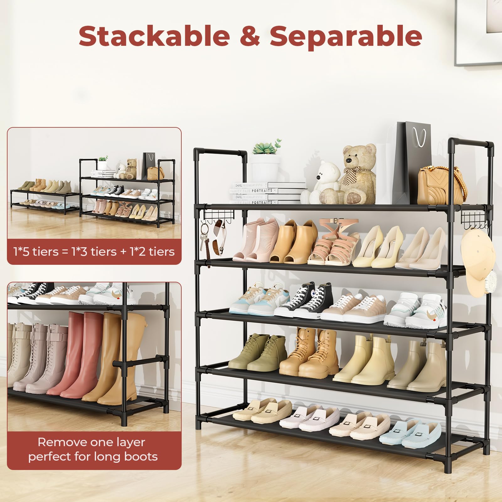 VTRIN 5 Tier Shoe Rack for Closet Shoe Organizer Storage 20-25 Pair Shoe and Boot Long Shoe Shelf with Hook Space Saver Free Standing Shoe Rack Organizer for Front Door Entryway, Small Spaces