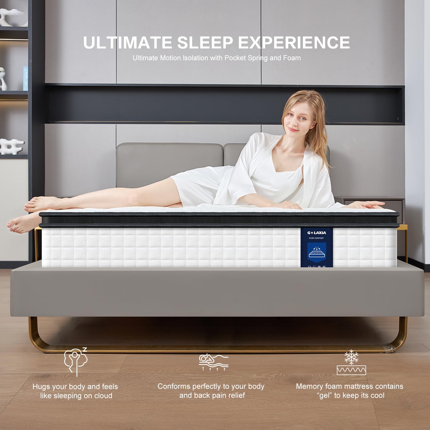 G LAXIA 10 Inch White Queen Spring Mattress,Medium Firm with Gel Memory Foam,Individually Pocketed Coil,Fiberglass-Free Fire Retardant CertiPUR-US Certified,80"*60"*10"