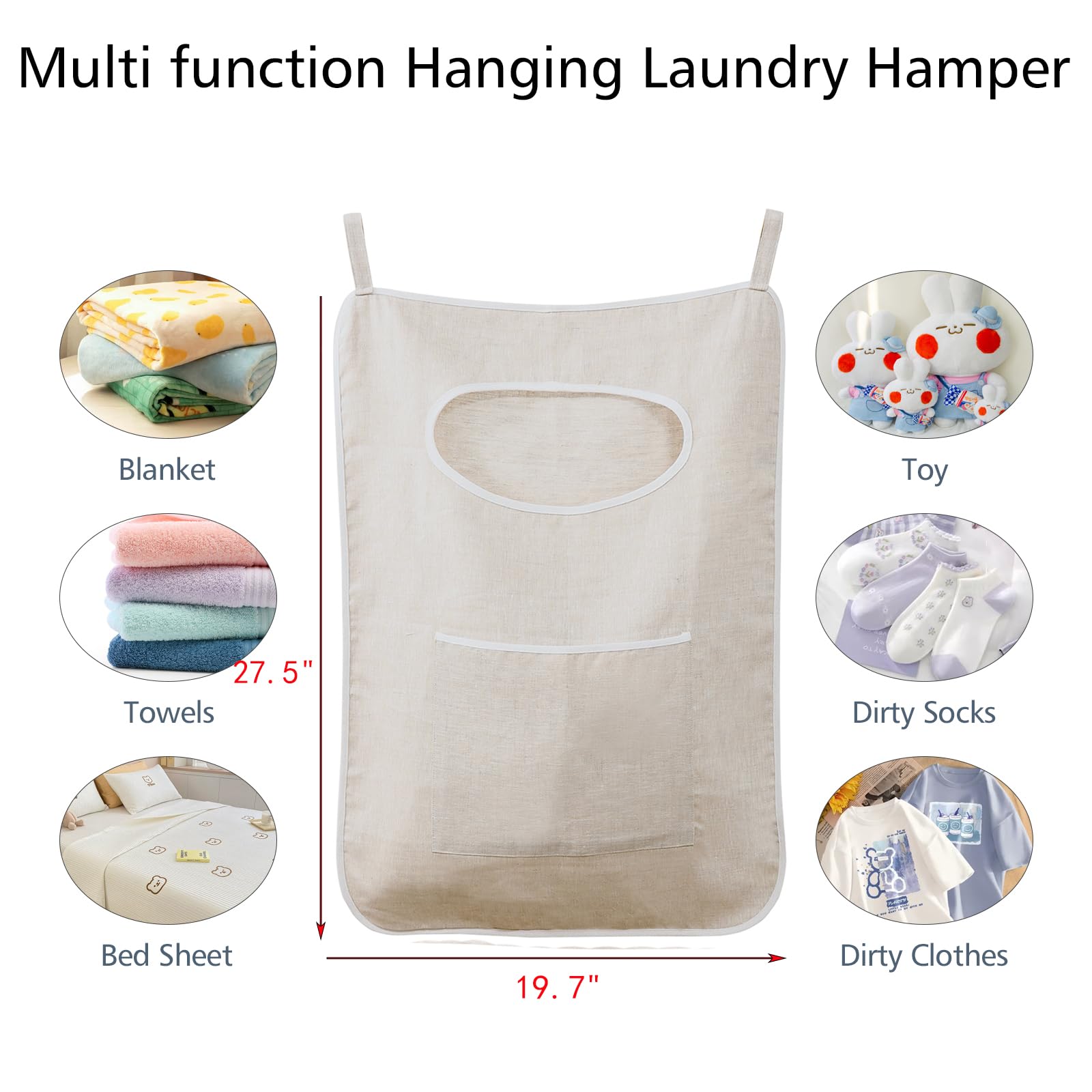 HSOFTIFY 100% Linen Hanging Laundry Bag, 19.7x27.5 Inches Over the Door Laundry Hamper with Pockets, Large hanging laundry hamper for Holding Dirty Clothes and Saving Space, Linen