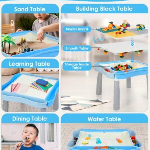 Kids Activity Table and Chair Set with 320Pcs Building Blocks, All in One Sand/Water/Sensory Desk with Storage, STEM Toys Toddler Learning Playset Table for Boys Girls Gifts 3 4 5-10 Years Old