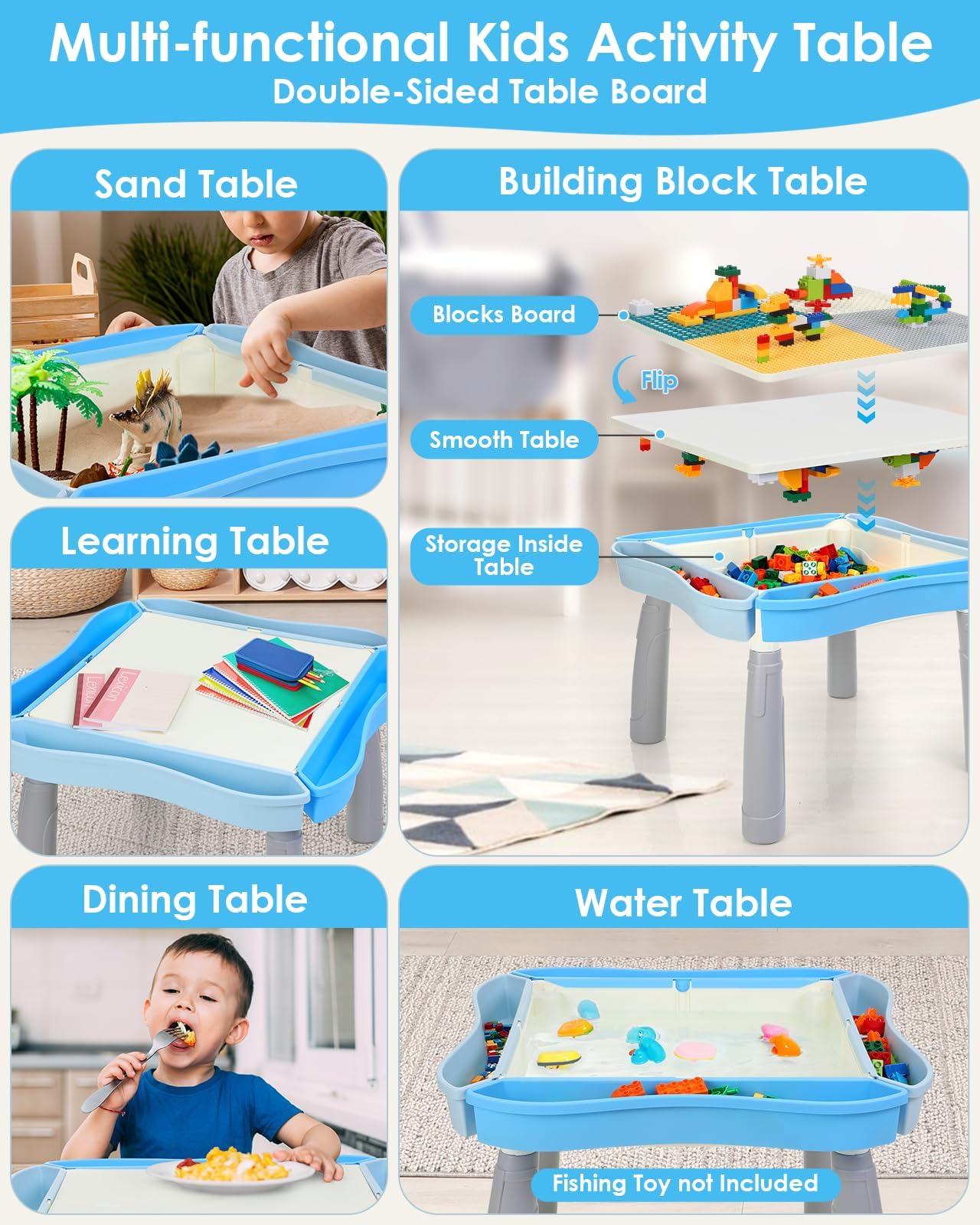 Kids Activity Table and Chair Set with 320Pcs Building Blocks, All in One Sand/Water/Sensory Desk with Storage, STEM Toys Toddler Learning Playset Table for Boys Girls Gifts 3 4 5-10 Years Old