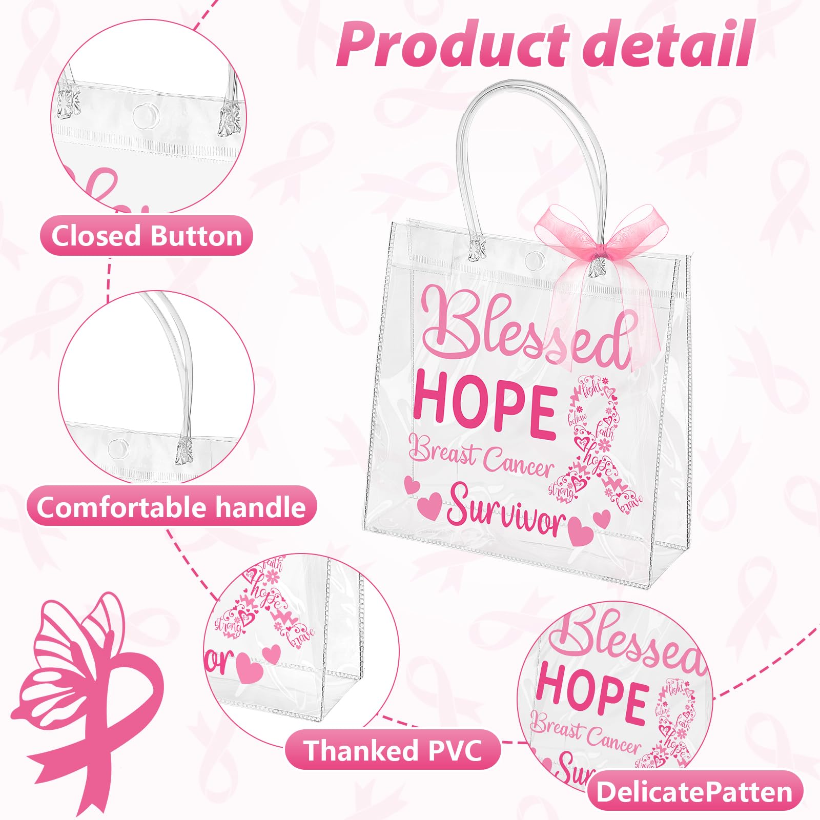 DTOFOOT 18Pcs Breast Cancer Clear Gift Bags with Handles Pink Ribbon Bow Breast Cancer Awareness Bulk Item PVC Pink Ribbon Bags Reusable for Breast Cancer Bags Women Nurse Breast Cancer Survivor Party