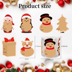 WUYUEJXI 500 Pcs Christmas Kraft Tag Sticker，2'' x 3'' Christmas Santa Claus Snowman Stickers 6 Designs, Self Adhesive Holiday Stickers Label Roll，for Christmas Holiday Wrapping,Envelope Labels