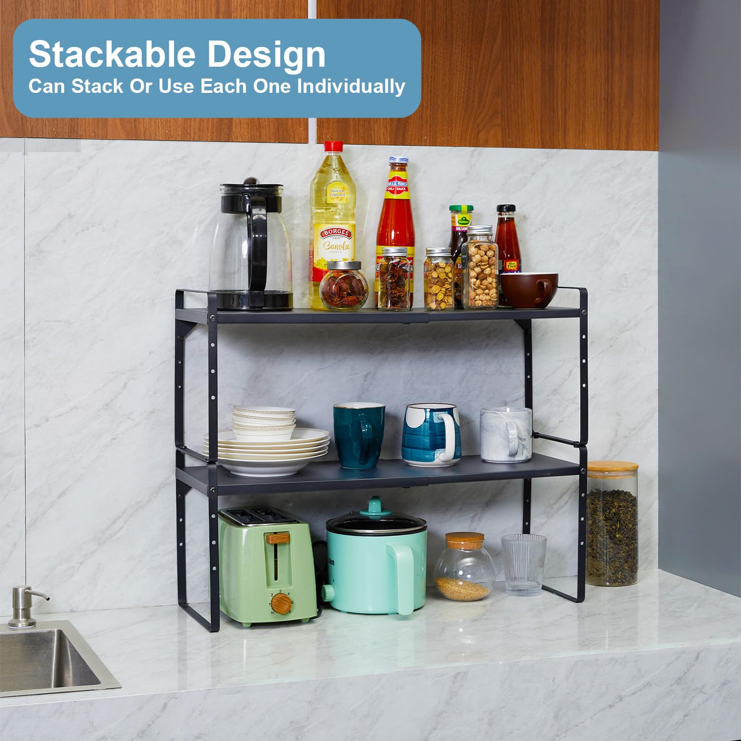 2 Pack Expandable Kitchen Cabinet Organizer Shelf, Stackable Kitchen Counter Storage Shelves Organizers, Adjustable Small Storage Shelf Rack Stand Riser For Mug Coffee Cup Dish Plate, Length: 25.5”