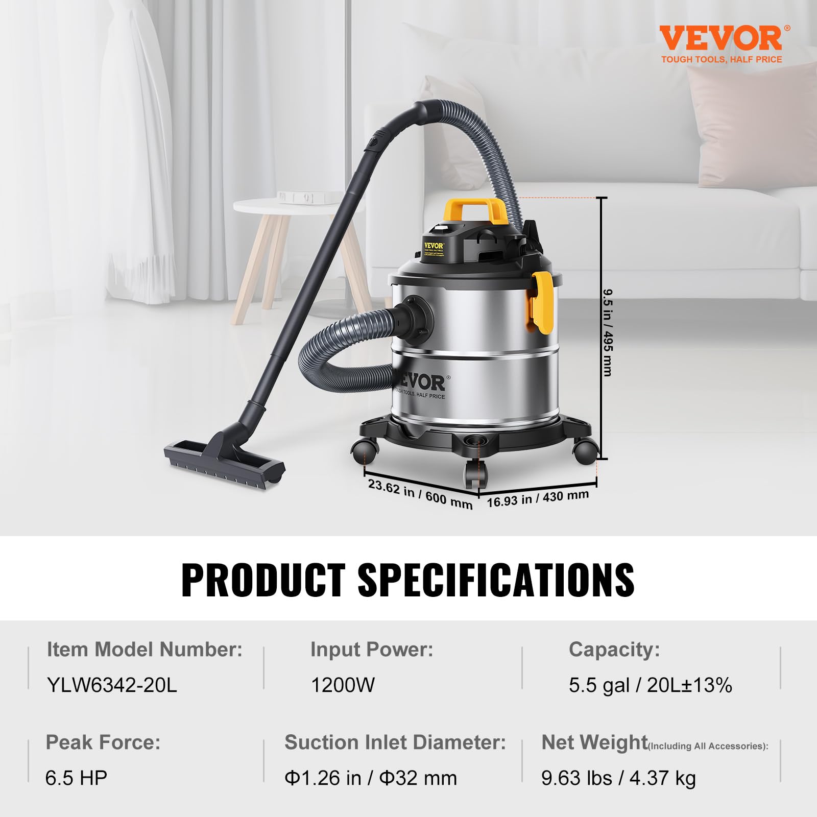 VEVOR Stainless Steel Wet Dry Shop Vacuum, 5.5 Gallon 6 Peak HP Wet/Dry Vac, Powerful Suction with Blower Function w/Attachment 2-in-1 Crevice Nozzle, Small Vac Perfect for Carpet Debris, Pet Hair