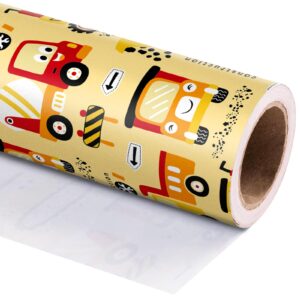 WRAPAHOLIC Construction Wrapping Paper Roll - Mini Roll - 17 Inch x 9.8 Feet - Yellow Digger Tractor Truck Design for Kids Boys Birthday, Baby Shower